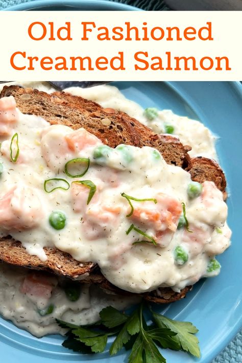 Here’s an old-fashioned favorite from my childhood, the classic version of salmon in cream sauce. This Creamed Salmon Recipe is comforting and rich, not to mention budget-friendly and a meal that can be served in a jiffy. We really enjoy creamed salmon served over toast but it’s also delicious served over a bed of tender egg noodles or cooked rice. Creamed Salmon, Salmon On Toast, Salmon And Peas, Salmon With Cream Sauce, Salmon Pie, Cream Sauce For Chicken, Canned Salmon Recipes, Creamed Peas, Sauce For Salmon