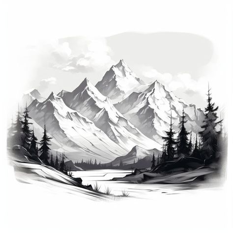 Mountains Pencil Drawing, Mountain Scene Tattoo Design, Mountain And Trees Tattoo Design, Montagne Tattoo, Mountain Range Drawing, Berg Tattoo, Mountains Drawing, Mountain Range Tattoo, Mountain Sketch