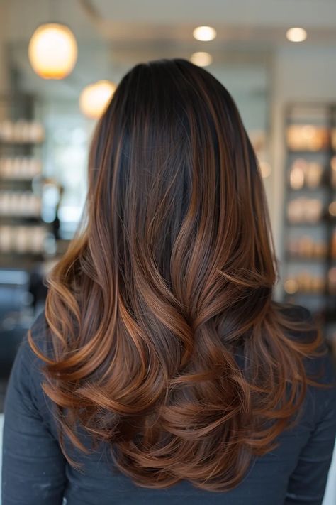 35 Copper Balayage Brunette Hairstyles To Add Warmth And Shine To Dark Hair In 2025 Dark Brown Copper Highlights, Auburn Highlights For Dark Brown Hair, Dark Brown Red Hair Auburn, Copper Brown Hair With Highlights, Brown Copper Balayage, Brown With Red Highlights, Copper Balayage Hair, Dark Copper Balayage, Short Lob