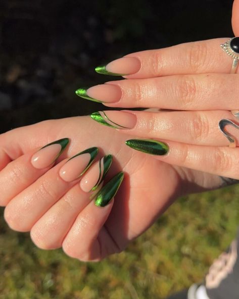 30 Latest Green Chrome Nail Ideas To Try in 2024! - alexie Emerald Green Nail Designs Almond, Green Chrome Tip Nails, Green Chrome Nails Almond, Green Chrome Nail Designs, Green Holo Nails, Emerald Green French Tip Nails Almond, Nails 2024 Chrome, Green Crome Nails Acrylic, Hot Green Nails