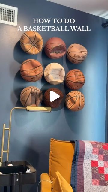 CATHERINE LI on Instagram: "Camden’s basketball wall is going a little viral! It’s one of my favorite parts in his nursery 💙   Lol yes I am in my pjs😂. It was 8AM and #momlife.  #boynursery #nursery #nurserydecor #babyboy #baby #mom #decor #diy #boysroom" Deflated Basketball Wall, Basketball Bedroom Ideas Boys, Basketball Hoop In Bedroom, Deflated Basketball, Boys Basketball Room, Basketball Room Decor, Mom Decor, Kids Sports Room, Basketball Bedroom