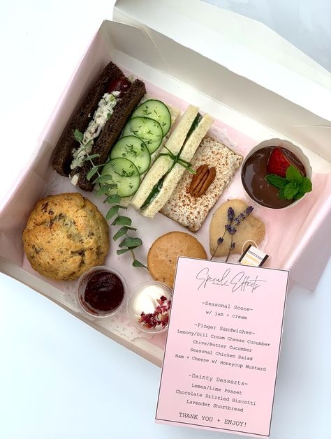 High Tea Box Ideas, Afternoon Tea In A Box Ideas, Afternoon Tea Box Ideas, Tea Box Ideas, Cheese Gal, Sweet Gestures, Graze Boxes, Tea Party Cupcakes, Birthday Party Menu