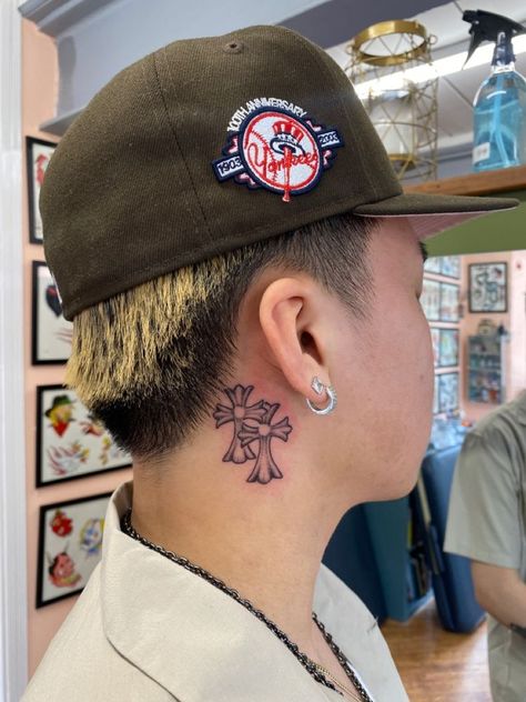 Rare Neck Tattoo Men, Tattoo Ideas For Men Y2k, Men’s Forarm Tattoos Ideas, Chrome Cross Tattoo, Side Body Tattoos Men, Cross Neck Tattoo Men, Anime Neck Tattoo, Chrome Hearts Cross Tattoo, Tattoo Ideas For Men Neck