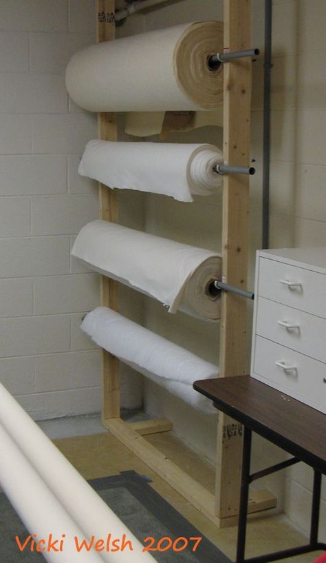 Great idea for batting storage (or pattern-making paper, or fabric on rolls e.g. Calico/heavy wt. Muslin for test garments) Rolled Fabric Storage, Storing Large Rolls Of Fabric, Fabric Roll Storage Ideas, Fabric Roll Stand, Quilting Organization Ideas, Batting Storage Ideas, Longarm Quilting Studio Sewing Rooms, Quilt Batting Roll Storage, Batting Storage