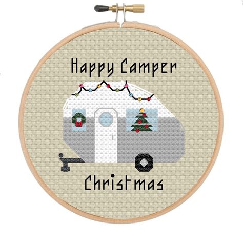 Vintage Teardrop Christmas Camper - Cross Stitch Ornament Pattern *PDF Digital Download* Created to bring a Christmas cheer to all those weekender, seasonal, and year-round campers alike. For a special couple (aint no way there's a whole family in one of these) that love their little camper!  --------------------------------------------------------------------------------------- Pattern Info as pictured: 14 count Aida oatmeal Mounted in 3 inch embroidery hoop  - Width 28 stitches   - Height 30 S Cross Stitch Camper, Camping Cross Stitch Patterns, Cross Stitch Camping, Christmas Camper, Camper Ornament, Ornament Pattern, French Knots, Back Stitch, Christmas Cross