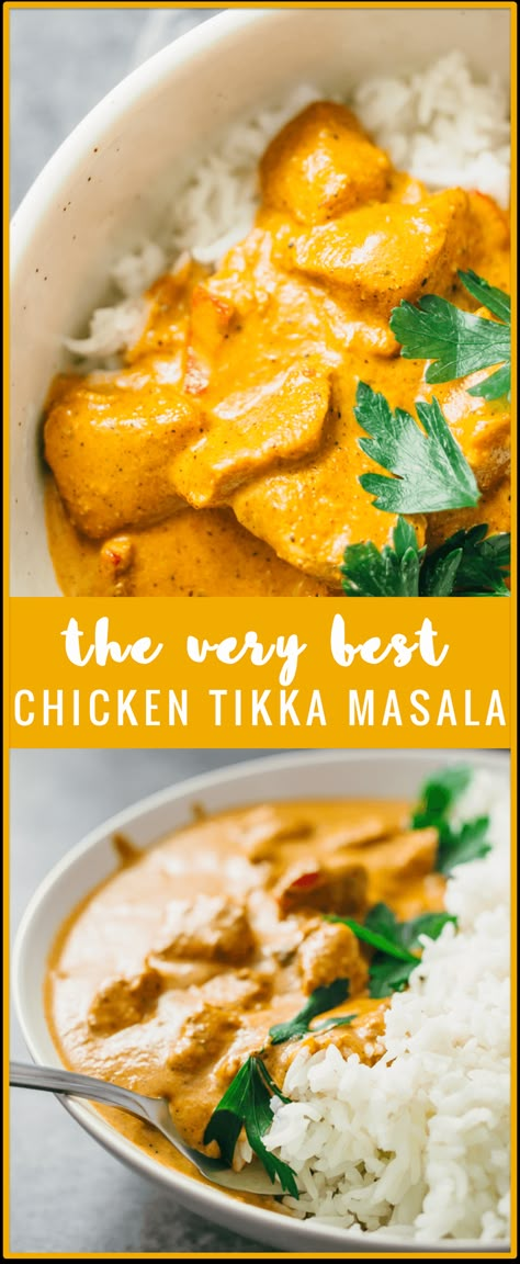 Best chicken tikka masala - I’m in love with this chicken tikka masala recipe — it’s restaurant quality, made from scratch, and easy to make. It’s relatively quick to make as well; most of the time is spent marinating the chicken and only 20 minutes is spent simmering the sauce on the stove. If chicken tikka masala is your go-to dish to order at Indian restaurants, then you’ve got to try this! keto / low carb / diet / healthy / gluten free / paleo #keto #lowcarb Chicken Tikka Masala Recipes, Tikka Masala Recipe, Aloo Gobi, Vindaloo, Chicken Masala, Chicken Meals, Chicken Tikka Masala, Masala Recipe, Best Chicken