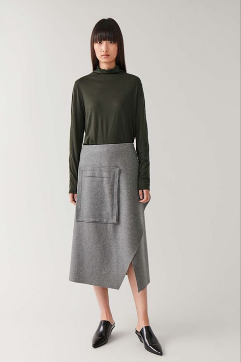 ASYMMETRIC WOOL-MIX WRAP SKIRT - Grey melange - Skirts - COS Wrap Skirt Outfit, Minimal Chic, Mid Length Skirts, Skirt Outfit, Silk Wool, Women's Skirts, Gray Skirt, Womens Fall, Wrap Skirt