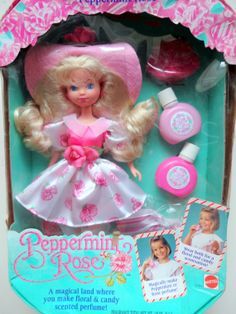 Thanks to this doll, the rest of my dolls reeked of peppermint for the rest of time. Peppermint Rose Doll, Peppermint Rose, Beach Barbie, Candy Roses, Crochet Princess, Childhood Memories 90s, Barbie Sisters, Candy Flowers, Rose Perfume