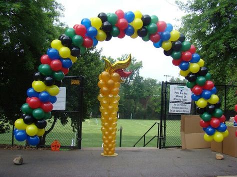 Olympic theme arch and torch bt www.atlantaevents.biz Olympic Decorations, Olympic Party Decorations, Summer Olympics Party, Swim Team Party, Vbs Olympics, Sports Day Decoration, Older Kids Crafts, Test Prep Fun, Olympics Decorations