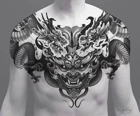 Upper Chest Tattoo Men, Japanese Chest Tattoo, Dragon Chest Tattoo, Gorilla Warrior, Chest Tattoo Japanese, Full Chest Tattoos, Irezumi Tattoo, Tattoo Japanese Style, Small Chest Tattoos