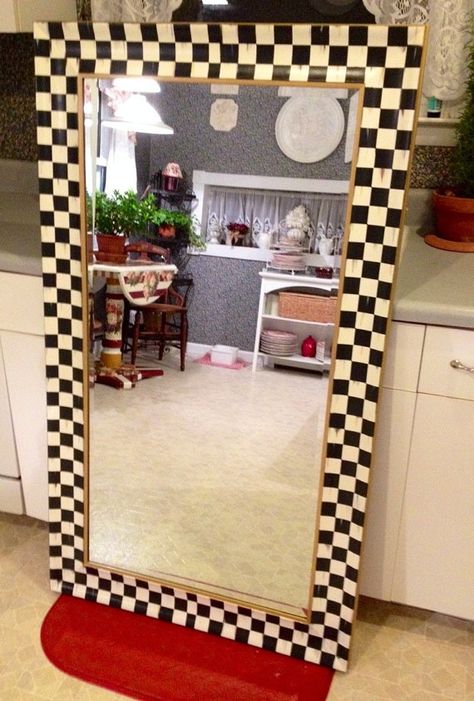 Checkered Furniture, Graphic Bedroom, Graffiti Furniture, Mackenzie Childs Diy, Mirror Border, Mackenzie Childs Inspired, Mckenzie And Childs, Furniture Rehab, Black And White Decor