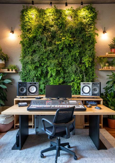 This studio blends cutting-edge technology with a lush, natural aesthetic. The vibrant green wall filled with live plants creates a serene atmosphere, encouraging relaxation and creativity. The wooden desk and warm lighting further enhance the earthy ambiance. This studio is ideal for artists looking for a calm and refreshing workspace. Recording Studio Lighting Ideas, Aesthetic Home Music Studio, Closet Music Studio, Small Music Studio Ideas, Small Music Studio, Home Music Studio Design, Office Studio Ideas, Modern Study Rooms, Music Living Room