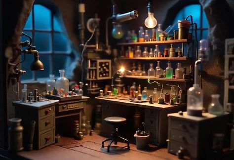 Mad Scientist Lab - Miniature Roombox - AI Generated Artwork - NightCafe Creator Miniature Chemistry Lab, Mad Scientist Halloween, Mad Scientist Lab, Scientist Lab, Lab Ideas, Science Room, Chemistry Lab, Chemistry Labs, Tilt Shift