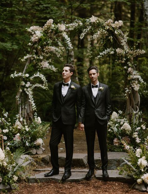 Enchanted Forest Wedding Mlm Aesthetic Wedding, Gay Wedding Aesthetic, Denmark Elopement, Gay Wedding Photography, Gay Wedding Photos, Long Table Wedding, Dapper Grooms, Family Style Dinner, Enchanted Forest Wedding