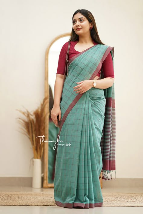 Casual Saree Look For Office, Linen Cotton Sarees, Marathi Culture, Formal Saree, Cotton Saree Blouse Designs, Saree Wearing Styles, Cotton Saree Blouse, Simple Saree Designs, Checks Saree