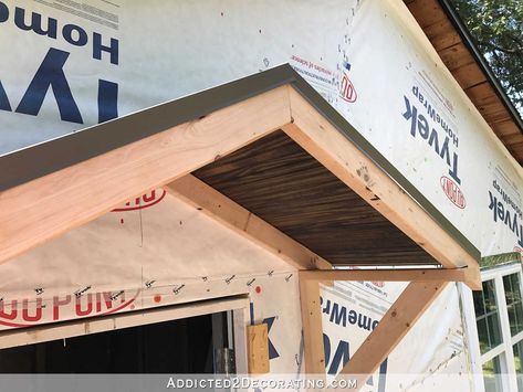 how to build a portico - 33 - attach edge drip flashing to the gable ends Small Porch Overhang, Diy Portico, Garage Portico, Craftsman Cabin, Door Portico, Awning Over Door, Porch Overhang, Gable Roof Design, Door Overhang