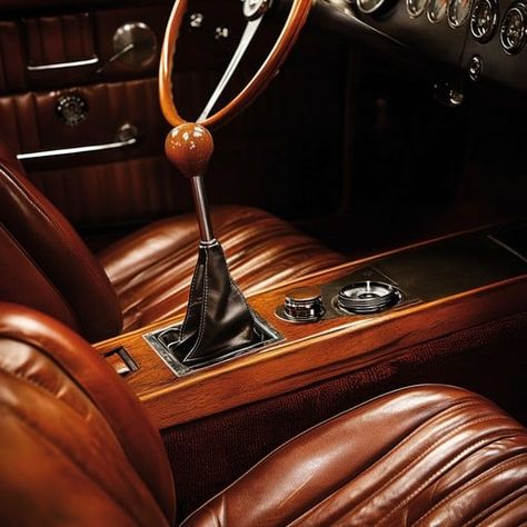 Displayed here is the interior of a classic luxury car, highlighting its meticulously crafted features. The polished wooden dashboard and the steering wheel exude elegance, while the plush leather seats promise comfort and style. An attention to detail is evident in every stitch and knob, reflecting the era's pinnacle of automotive luxury and craftsmanship. Classic Car Interior, Color Palette Fashion, Old Sports Cars, Polished Wood, Luxury Car Interior, Vintage Interior Design, Interior Luxury, Leather Seats, Dashboard Design