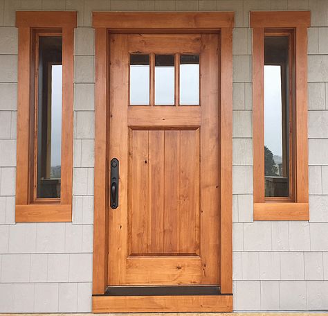 Variation of Craftsman style in knotty alder with Early American stain...matching separate window units add nice visual design element. Stained Knotty Alder Doors, Cape Exterior, Craftsman Exterior Door, Craftsman Entry, Craftsman Doors, Alder Doors, Knotty Alder Doors, Craftsman Front Doors, Early American Stain