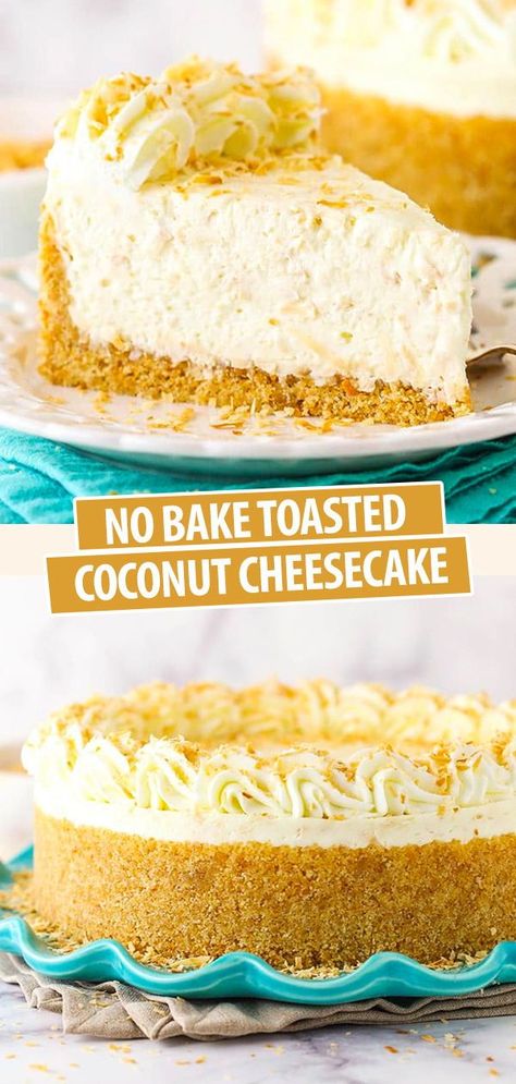 Whipped Cream For Cheesecake, Coconut No Bake Cheesecake, Coconut Cream Cheesecake Recipes, Coconut Cheesecake Recipes, No Bake Cinnamon Toast Crunch Cheesecake, Coconut Cream Pie Cheesecake, Toasted Coconut Cheesecake, No Bake Coconut Cheesecake, White Chocolate Coconut Cheesecake