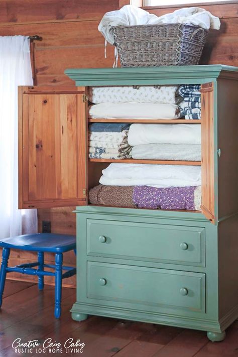 Home Theater Snack Bar, Pine Armoire, Sheet Storage, Cottage Vibes, Rustic Blankets, Painted Armoire, Pretty Storage, Rustic Country Home, Quilt Storage