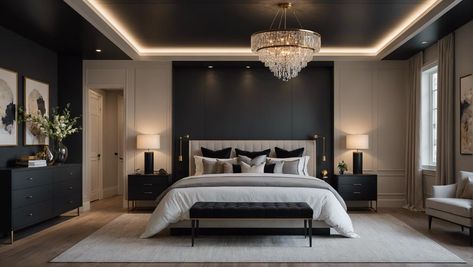 Transform Your Bedroom With a Black Ceiling - DexDecor Bedroom Black Ceiling, Black Ceiling Bedroom, Black Headboard Bedroom, Kitchen Flooring Trends, Wall Behind Bed, Ensuite Bathroom Designs, Modern Bedroom Colors, Light Colored Furniture, Black Accent Walls