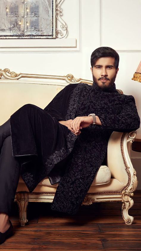 Black Sherwani, Indian Wedding Suits Men, Feroze Khan, Sherwani For Men Wedding, Wedding Kurta For Men, Groom Dress Men, Wedding Outfits For Groom, Wedding Dresses Men Indian, Gents Kurta Design