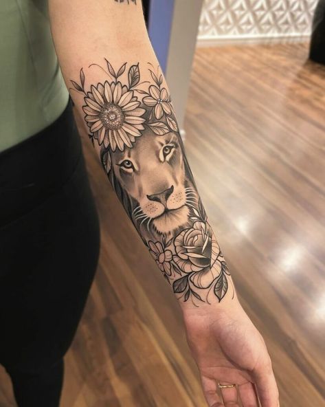 Leo Themed Tattoos, Female Lion Tattoo For Women Sleeve, Leo Lion Tattoos For Women Arm, Half Lion Half Flower Tattoo For Women, Leo Tattoo For Women Zodiac Lion, Fierce Lion Tattoo For Women, Lion King Decorations, Leo Tattoo Ideas, Leo Symbol Tattoos