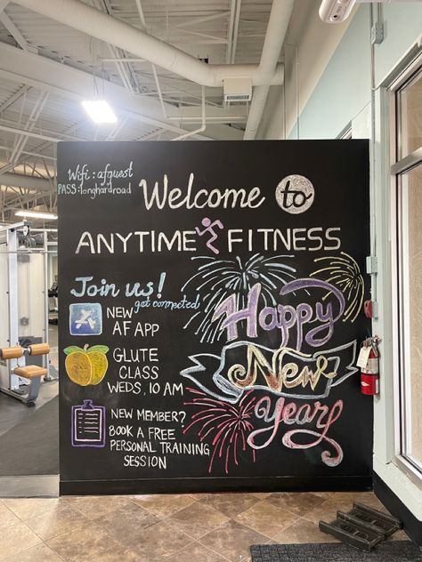 Gym Chalkboard Ideas, Anytime Fitness Chalkboard, Gym Chalkboard, Chalkboard Calendar, Chalk Wall, Gym Wall, Anytime Fitness, Fall Fit, Gym Ideas