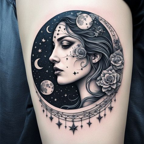 "Cosmic Reflections: The Face of the Moon" This striking black-and-white tattoo weaves a split face with a crescent moon and stars, capturing the surreal elegance of the celestial and human connection. Hashtags: #CosmicReflections #MoonTattoo #SurrealArt #MonochromaticInk #TattooDesign #tattoos #tattooart #tattooing #tattooideas #tattoodesign #tattooartist #tattooart #tattooinspiration Face In The Moon Tattoo, Faces Of The Moon Tattoo, Face In Moon Tattoo, Galaxy Head Tattoo, Moon Faces Tatoos, Feminine Moon Face Tattoo, Head Tattoos, White Tattoo, Human Connection