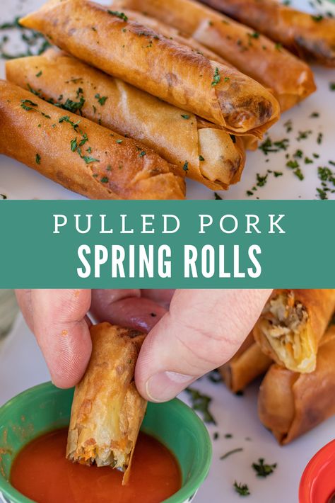 Shredded Pork Appetizer, Chinese Pulled Pork Recipes, Crispy Pork Spring Rolls, Pulled Pork Spring Rolls, Pulled Pork Wontons, Pulled Pork Appetizers, Recipes For Leftovers, Pulled Pork Appetizer, Baked Pulled Pork