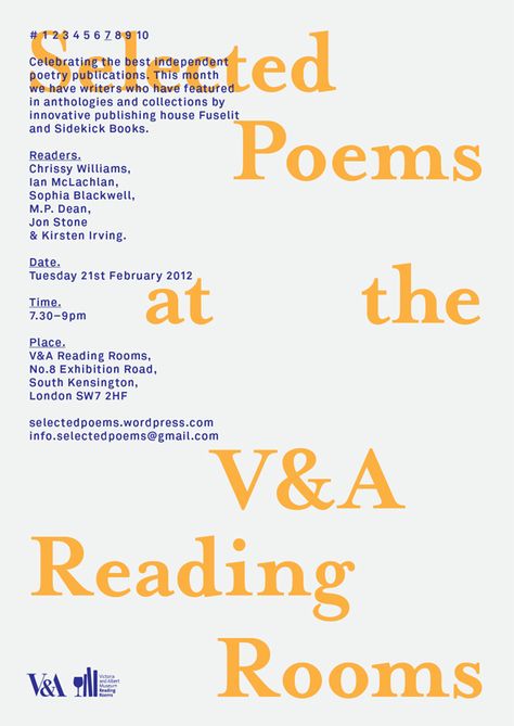 Selected Poems:  Series of posters designed for the monthly poetry events at the V Reading Rooms. Poetry Reading Event, Poetry Event Poster, Book Event Poster, Poetry Graphic Design, Poem Poster Design, Poetry Poster Design, Poetry Exhibition, Poem Layout, Poetry Posters Design