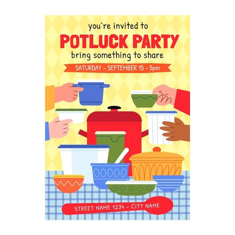 Free Vector | Free vector hand drawn potluck invitation design Potluck Flyer Ideas, Potluck Poster, Potluck Invitation Template, Potluck Party Invitations, Potluck Invitation, Office Potluck, Lunch Invitation, Picnic Potluck, Summer Potluck