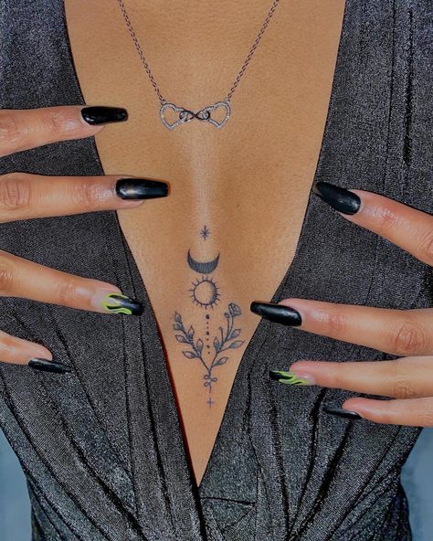 female chest tattoo, sun, moon , star Brust Tattoo Frau, Tattoo Names, Tato Paha, 42 Tattoo, Tato Dada, Tato Minimal, Tato Jari, Small Chest Tattoos, Key Tattoo