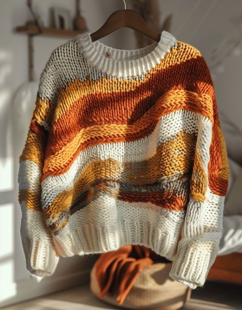 Fall Crochet Sweater, Orange Crochet Sweater, Autumn Sweaters, Striped Sweater Outfit, Fall Knit Sweater, Knitting Clothes, Autumn Sweater, Fall Knitting, Knitting Sweater