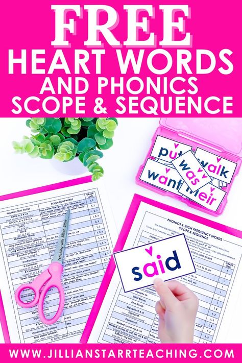 free heart words and phonics scope and sequence Phonics Scope And Sequence, Scope And Sequence, The Science Of Reading, Teaching Sight Words, Tricky Words, Phonics Practice, Dolch Sight Words, Phonics Instruction, Science Of Reading