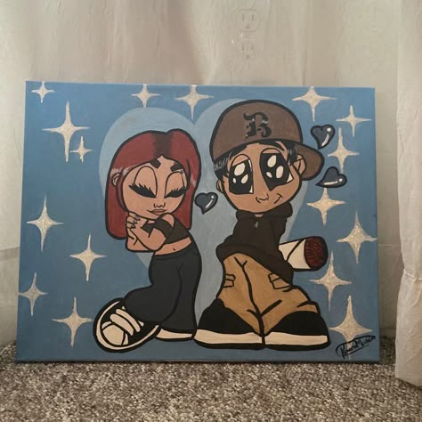 Couple Cartoon Painting Canvas, Black Couple Painting Ideas Cartoon, Cute Boyfriend Painting Ideas, Acrylic Painting For Boyfriend, Bf And Gf Painting, Couple Painting Cartoon, Couple Drawings On Canvas, Cartoon Couple Painting, Canvas Painting Ideas Couples