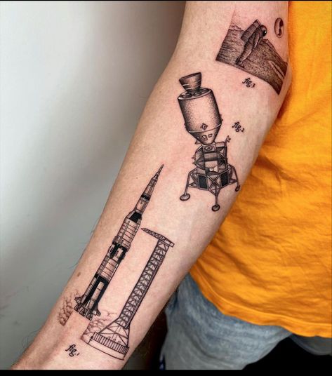 Apollo 11 Tattoo, Space Station Tattoo, Mission Tattoo, Space Sleeve, Engine Tattoo, Tattoo 2022, Saturn V Rocket, Human Skeletal System, Rocket Tattoo