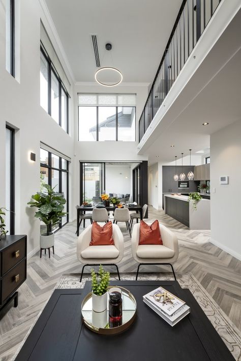 Double Height Apartment, Living Room With Void Designs, Industrial High Ceiling Living Room, Double Height Living Room Floor Plan, Double Void Living Room, Home With A Lot Of Windows, Void Living Room Design, High Ceiling Floor Plan, Double Space Living Room