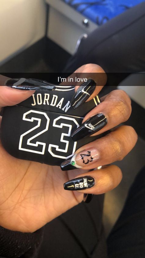 IG: x.emybieber Nike Nails, 23rd Birthday, Black Nails, Nike Air Jordan, Diy Nails, Class Ring, Air Jordans, Rings For Men, Nail Designs