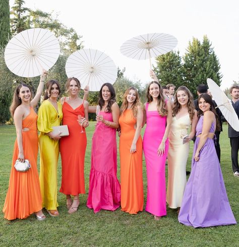 Wedding Guest Bright Colors, Bright Bridesmaids Dresses, Colourful Wedding Guests, Colourful Wedding Guest Outfit, Colorful Wedding Guests, Bright Wedding Guest Dress, Vibrant Bridesmaid Dresses, Colorful Cocktail Attire, Colorful Wedding Suit