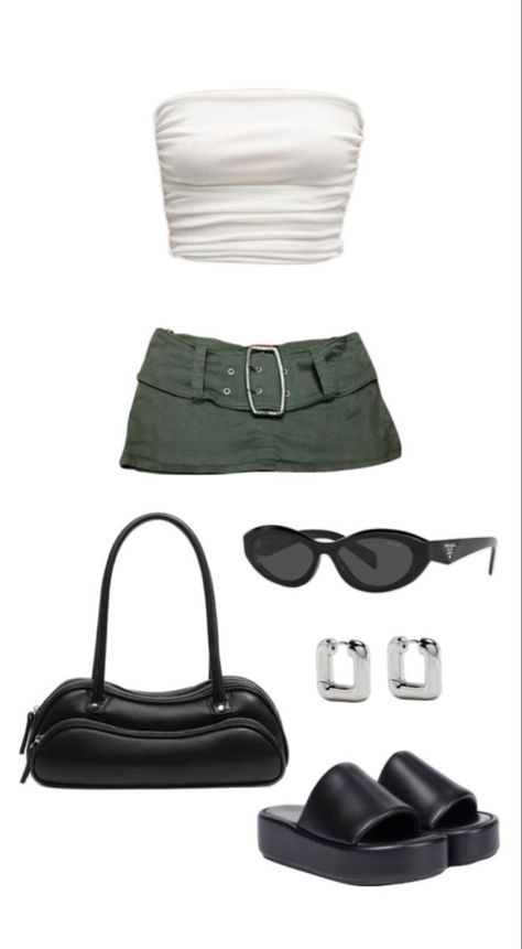 a simple white tube too with a super cute y2k army green mini skirt and black chunky sandals!  accessorized with a black purse, black sunglasses and silver hoops! #fashion #miniskirtoutfit #skirtfashion #chunkyshoes #sandalsoutfit  #green #black Super Mini Skirt Outfit, Sandals Outfit Aesthetic, Green Mini Skirt Outfit, Y2k Mini Skirt Outfit, Chunky Sandals Outfit, Black And Silver Outfits, Black Sandals Outfit, Black Chunky Sandals, Tube Too