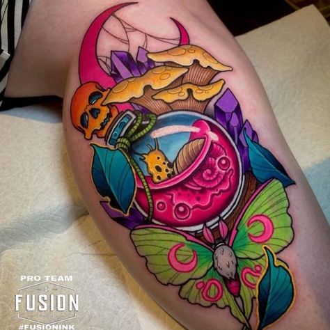 New School Color Tattoo, Vibrant Color Tattoos, Neo Traditional Nerdy Tattoos, Funny Neo Traditional Tattoo, Neo Traditional Video Game Tattoo, Kawaii Neo Traditional Tattoo, Neotraditional Pokemon Tattoo, Traditional Thigh Tattoo, Bright Colorful Tattoos