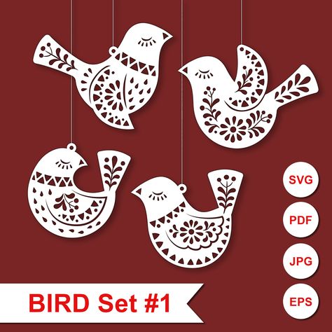 Bird Patterns And Templates, Scandinavian Christmas Ornaments, Wood Laser Ideas, Bird Template, Folk Art Decor, Doodle Paint, Easter Ornaments, Tin Ornaments, Christmas Gingerbread Cookies