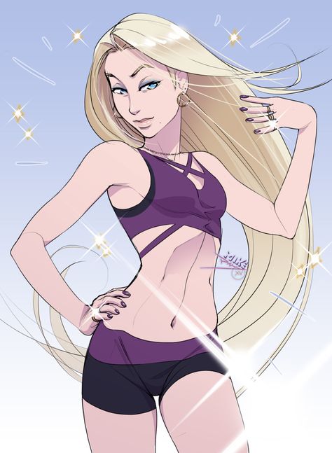 bike_shorts blonde_hair blue_eyes ear_studs earrings eyeshadow hair_flip hand_on_hip highres hoop_earrings jewelry lips long_hair makeup midriff mike_nesbitt mole mole_under_mouth nail_polish naruto navel necklace nose purple_nails ring small_breasts sparkle sports_bra very_long_hair yamanaka_ino Female Artwork, Hands On Hips, Arm Band Tattoo, Blonde Hair Blue Eyes, Nail Ring, Hair Flip, Naruto Girls, Very Long Hair, Happy B Day