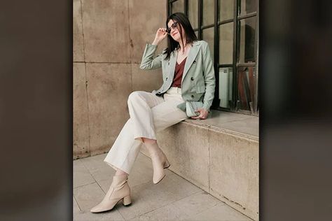 2024 Trend: What Colors Go With Sage Green Clothing Sage Green Colour Combinations Outfits, Sage Green Winter Outfit, Sage Green Sharara Suit, Sage Blazer Outfits For Women, Sage Blazer Outfit, Sage Green Jacket, Sage Blazer, Green Blazer Outfit, Green Slip Dress