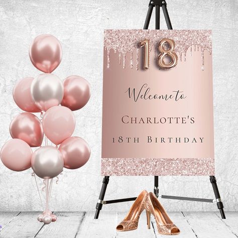 18th Birthday Party Rose Gold, Womens Day Theme, 18th Birthday Banner, 18th Birthday Party Themes, 18th Birthday Decorations, Rose Gold Party, Golden Birthday, Rose Party, 18th Birthday Party