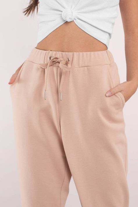 Feminine Beige Seamless Bottoms, Beige Fitted Sporty Bottoms, Spring Beige High-waisted Sweatpants, Pink High-waisted Pants For Loungewear, ‘sky’ Blush Joggers, Cute Pants, Athleisure Outfits, Embroidered Sweatshirts, Waist Tie