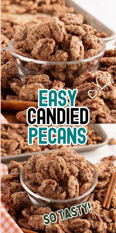 This easy homemade Candied Pecans Recipe is a deliciously sweet and crunchy treat with cinnamon-sugared nuts. They are perfect for topping salads or desserts, make a great sweet nut snack to enjoy, are a terrific holiday gift, and can be substituted with your favorite nuts. Cheap Party Snacks, Inexpensive Appetizers, Pecan Recipes Easy, Candied Pecans Recipe, Homemade Appetizer, Cinnamon Pecans, Peach Cobbler Easy, Pecan Salad, Nut Snacks