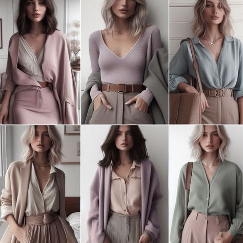 Cool Summer Color Palette Outfit Ideas, True Summer Outfits Casual, Soft Natural Soft Summer Outfits, Soft Summer Office Wardrobe, Soft Summer Business Outfits, Soft Natural True Summer, Muted Cool Color Outfits, Summer Pallete Colors Outfits, Soft Summer Hourglass Outfits