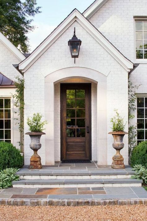 Transitional Front Porch, Brick House Ideas, White Brick House Exterior, White Brick House, Cedar Topiary, Front Porch Decor Ideas, Painted Brick House, Cottage Inspiration, Brick Exterior House